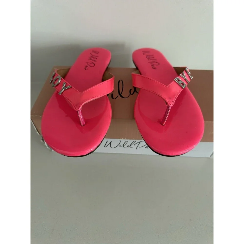WILD PAIR Womens Pink Rhinestone Fantasia Round Toe Slip On Thong Sandals 9.5 M